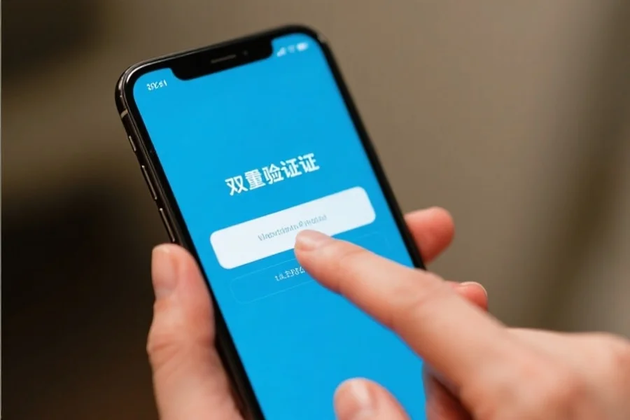 一部智能手机上显示着双重验证界面,用户正在输入验证码,画面聚焦于手机屏幕和手指